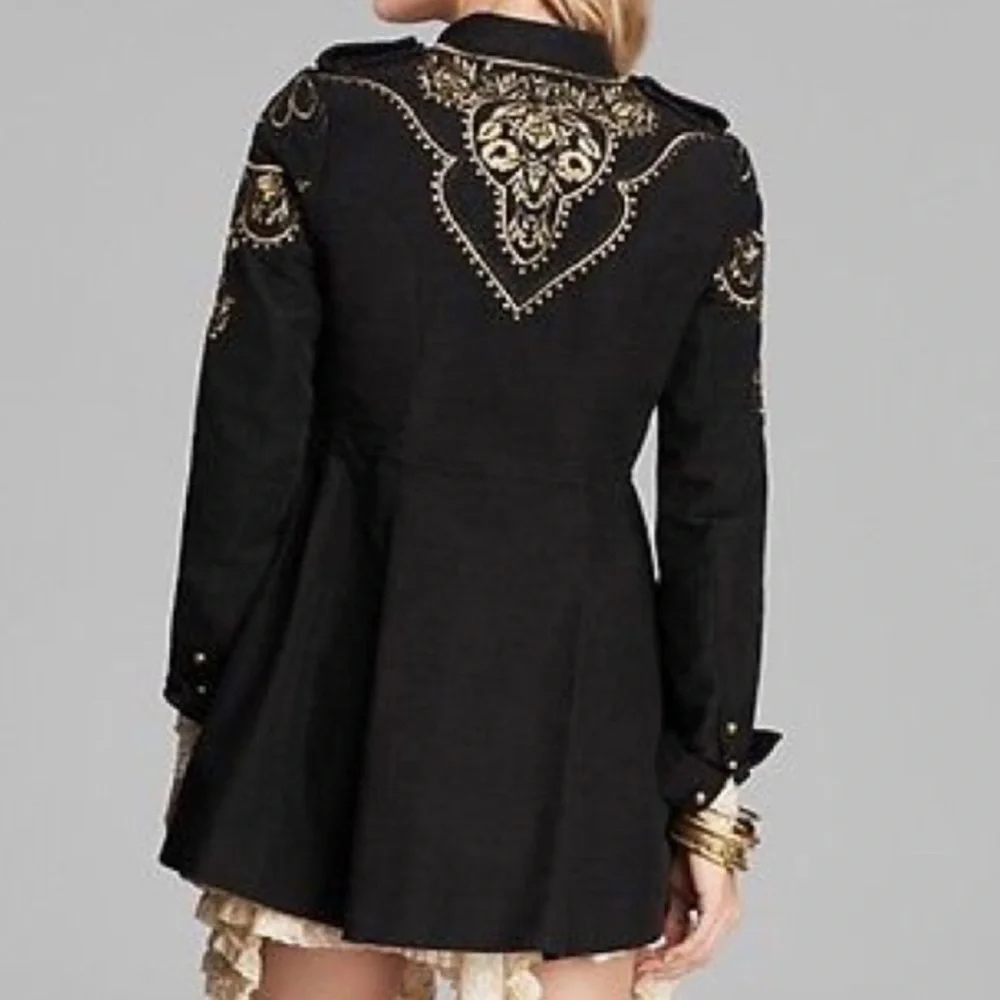 Free People Sargeant Floral Embroidered Embellished Military Coat Black 2‎